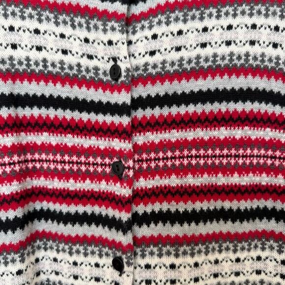 Talbots Fair Isle Nordic Button Up Cardigan Red Black White Large Lambswool - Picture 2 of 7